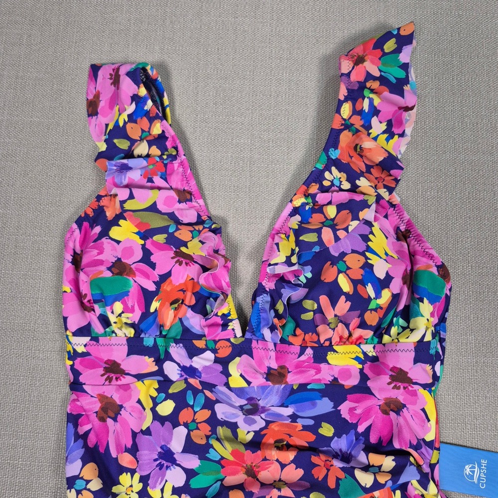 Cupshe Floral Ruffle V-Neck Tummy Control One Piece Swimsuit Purple Size L - Picture 10 of 11